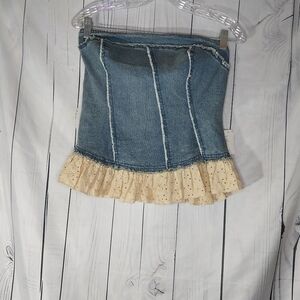 Kimchi Blur Urban Outfitters Denim And Lace Coquette Ruffle Tube Top Size L NWT